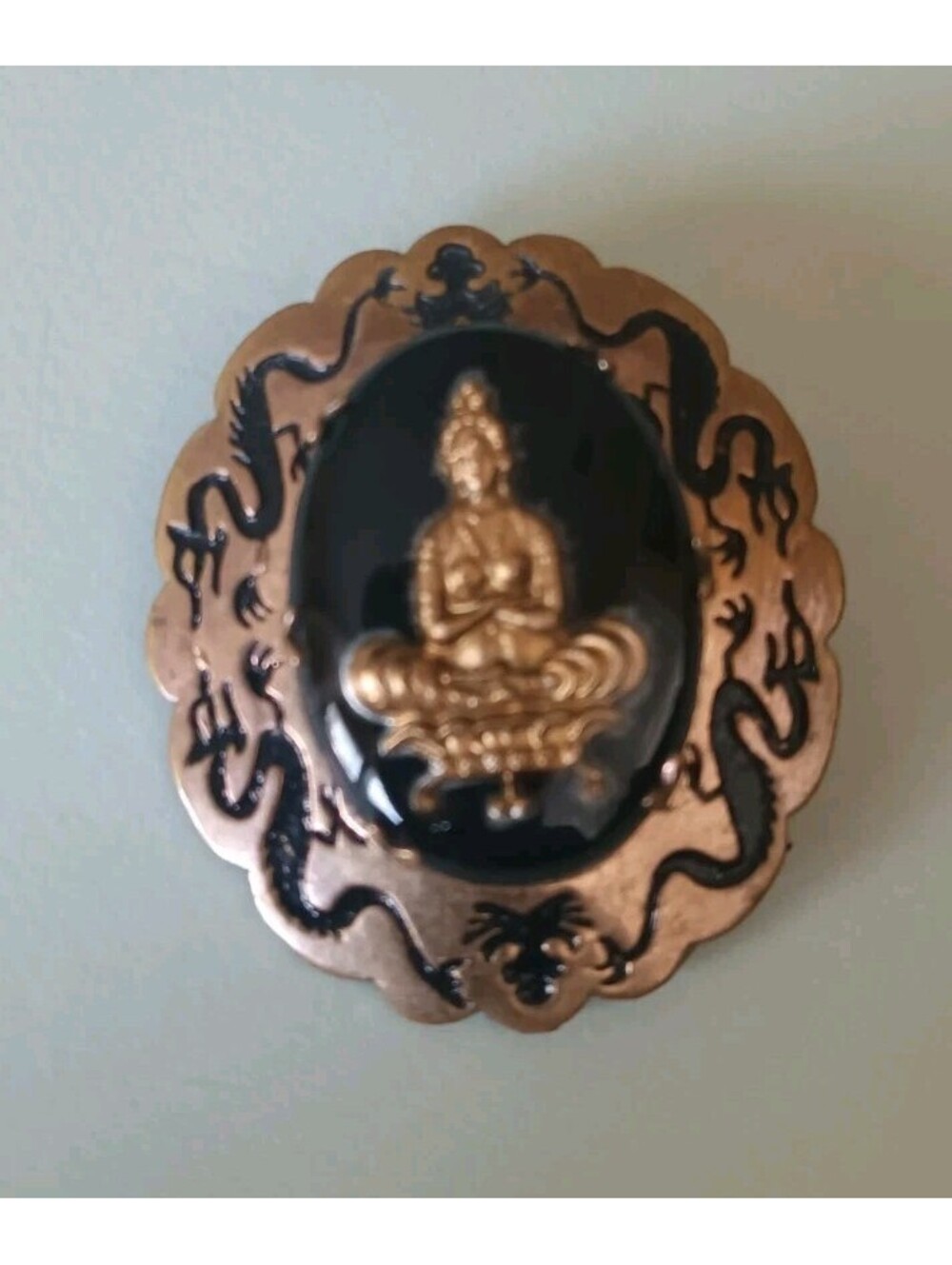 Vintage Buddha Hindu Tibetan Silver Gold Lucite Brooch Pin Cameo Dragon
